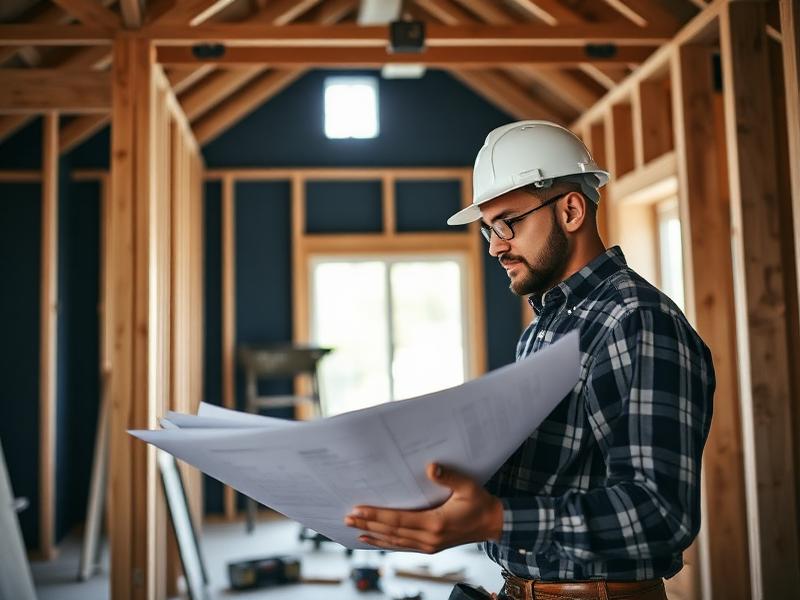 General contractor reviewing plans inside a house under renovation